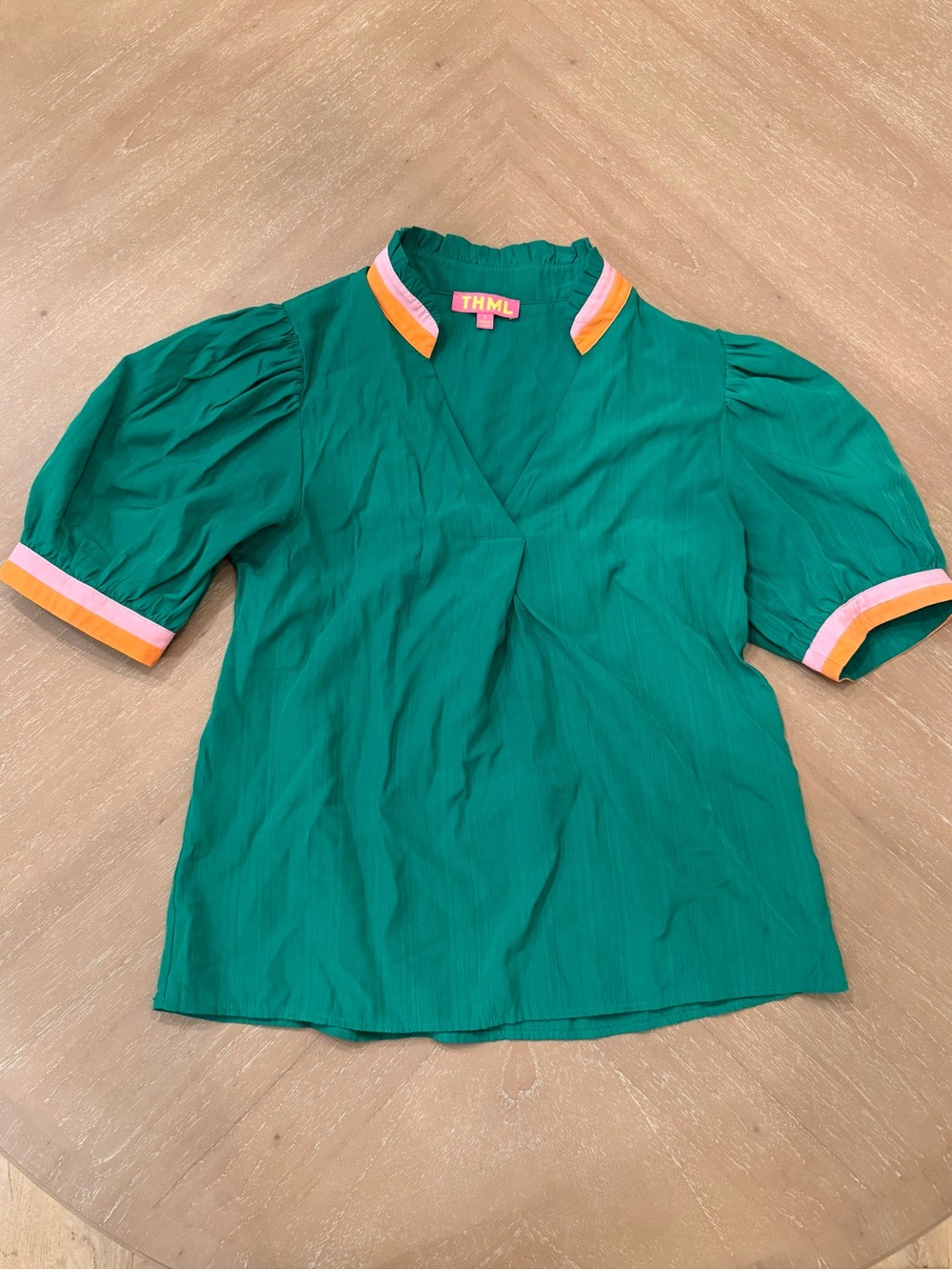 THML Emerald Green Puff Sleeve V-Neck Top with Pink & Orange Trim